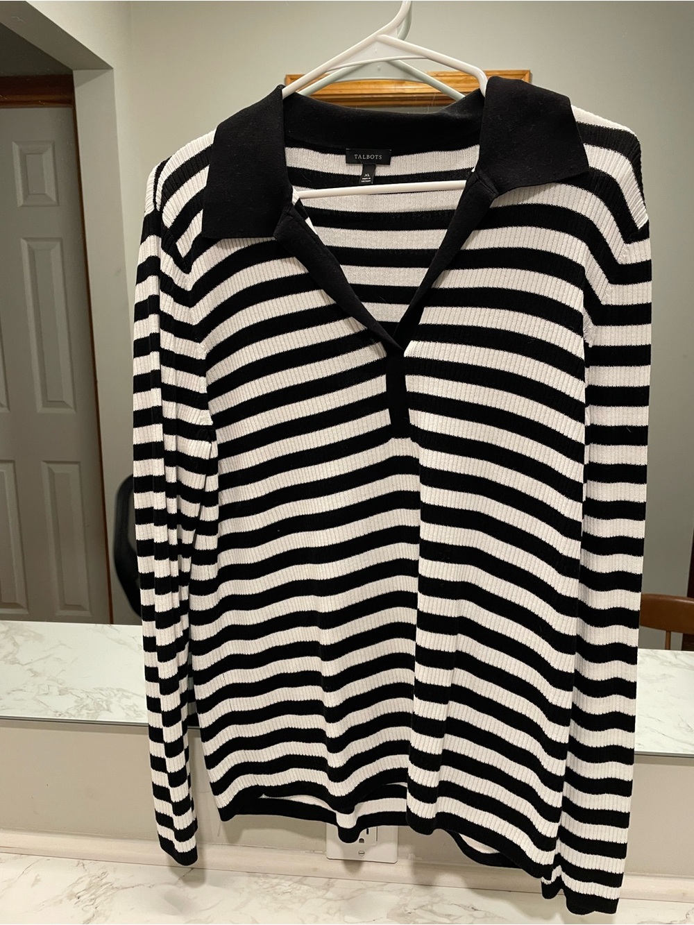 Talbots Black and White Striped Polo Ribbed Shirt